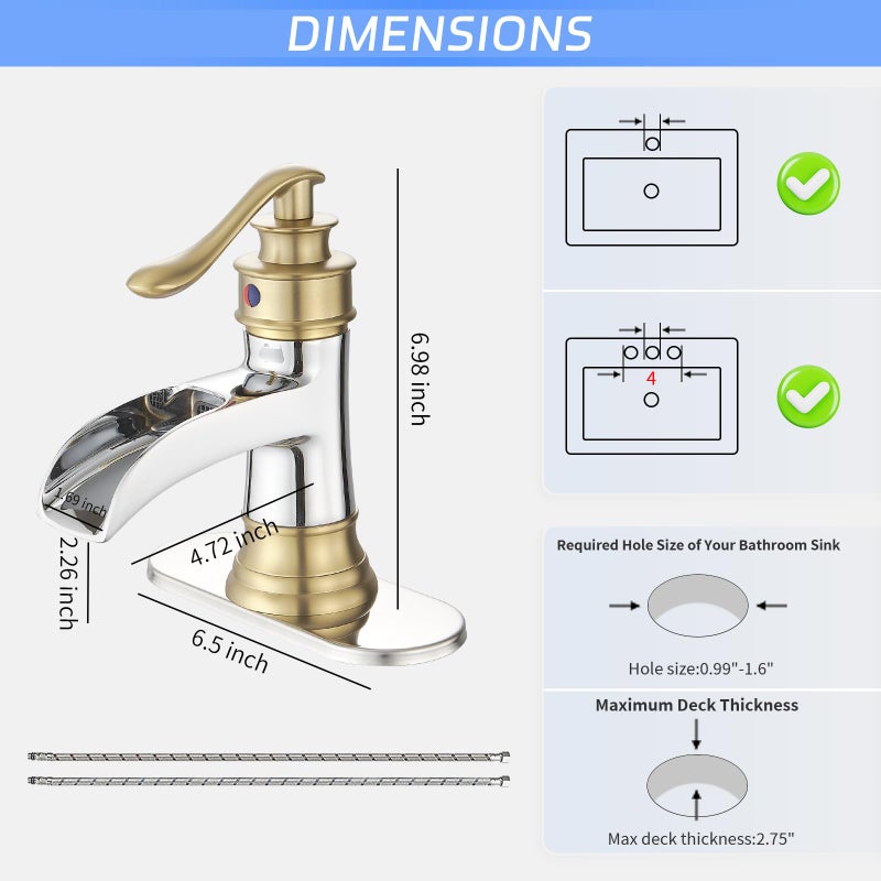 BWE Bathroom Faucet Waterfall Single Handle Chrome and Gold Vanity with Pop Up Drain Stopper with Overflow One Hole Lever Bath Sink Basin Restroom Mixer Tap Commercial Supply Line - Image 3